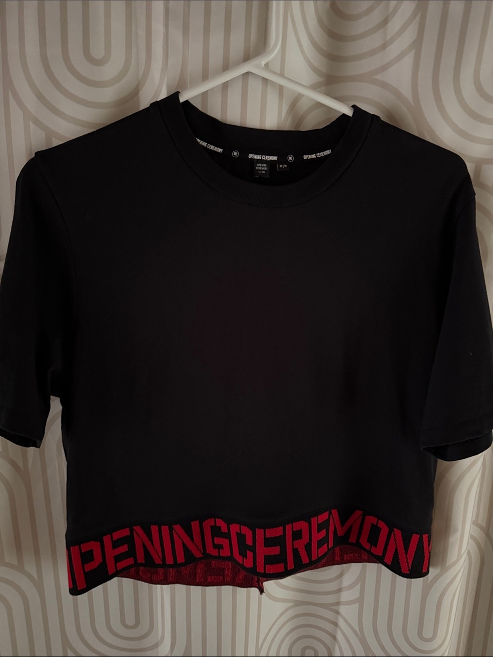 Opening Ceremony sz M Black cropped top red logo spellout 100% cotton